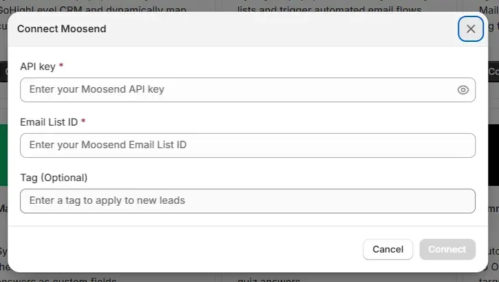 API key, Email List ID & tag name